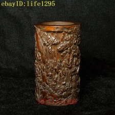Chinese boxwood hand carved Eighteen Arhats Buddha Statue brush pot Gift H 10 CM