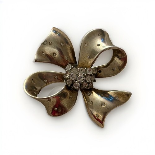 Vintage Signed Crown Trifari Sterling Bow Brooch Rhinestone Ribbon Pin