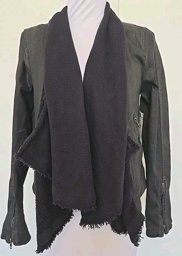 Free People Black Waterfall Waxed Denim Moto Jacket + Knit Collar sz 8 - Picture 2 of 5