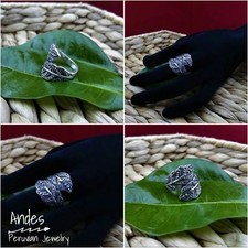 Handmade peruvian ring 950 burnt silver with wrought leaf design Size 8