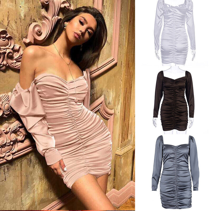 Mini Dress Party Elegant Satin Pleated Sexy Long Puff Sleeve Autumn Winter  | eBay