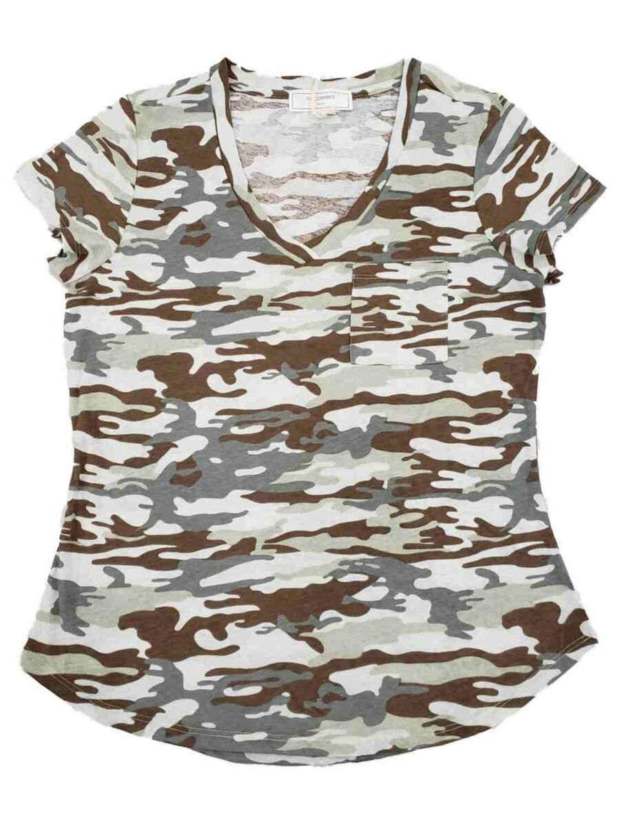 ★BADBLOOD ★FON V-NECK JERSEY SHORT SLEEVE - GREEN CAMO Womens Army Light Green Camo Print V Neck Short Sleeve T