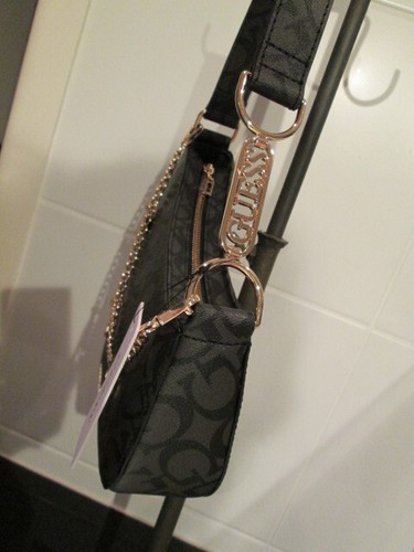 GUESS BOBBIN slanted shoulder bag, chain pockets, zip, coal logo, BNWT - Picture 8 of 13