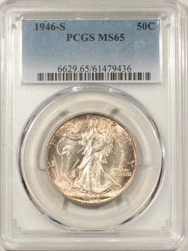 1946-S WALKING LIBERTY HALF DOLLAR - PCGS MS-65, PRETTY TONED GEM!