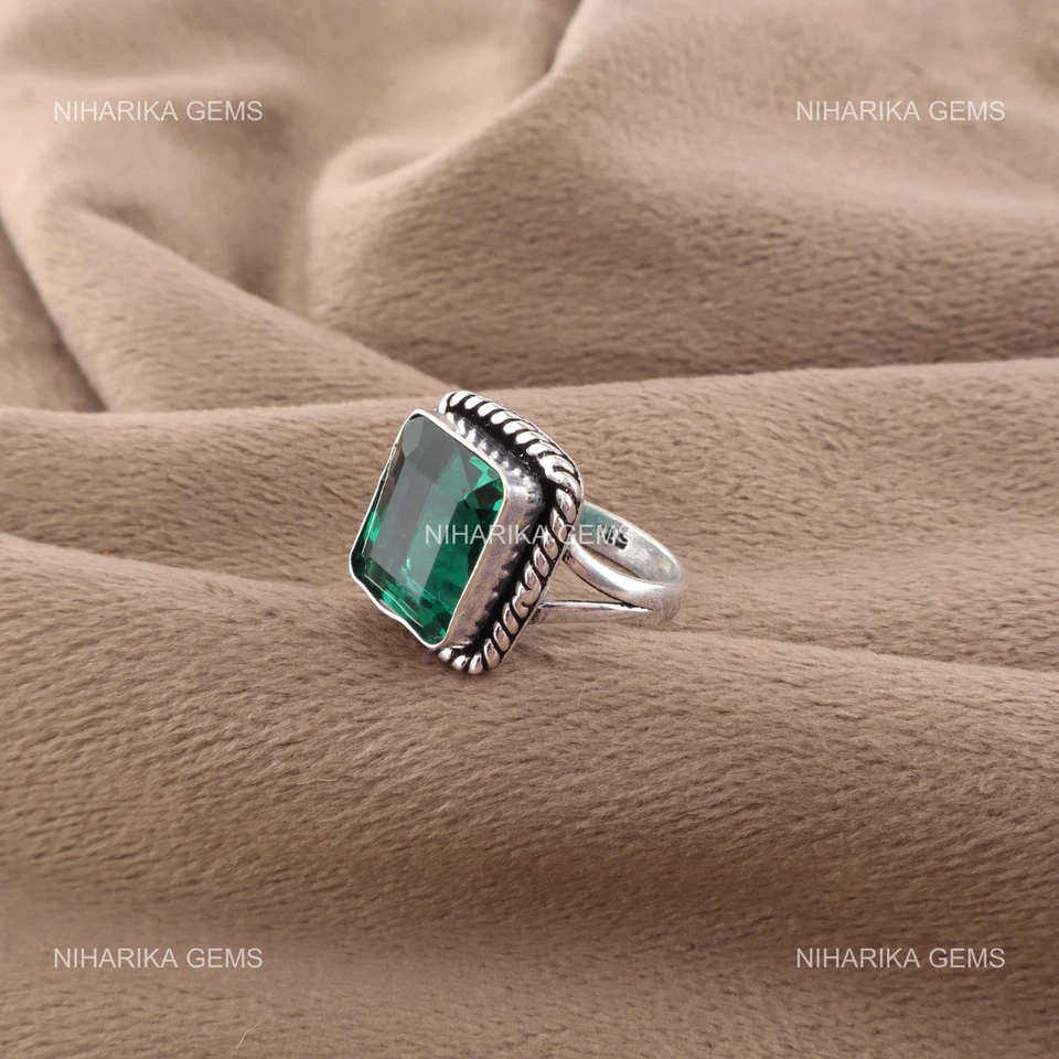 Anillo solitario de plata esterlina 925 rectangular piedra esmeralda verde esposa joyería Foto 3 de 4