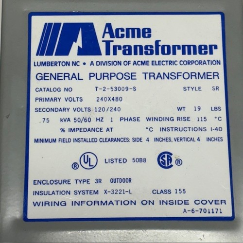 Acme Transformer T-2-53009-S Primary 240x480V, Sec. 120/240V, .750 kva ** - Picture 2 of 7