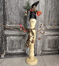 Handmade Primitive Rustic Christmas Wood Spindle Snowman Holiday Winter Decor