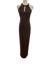 Vtg 90s Alex Evenings Bronze Metallic Gown Halter Beaded Sz 6 Event Gala Party