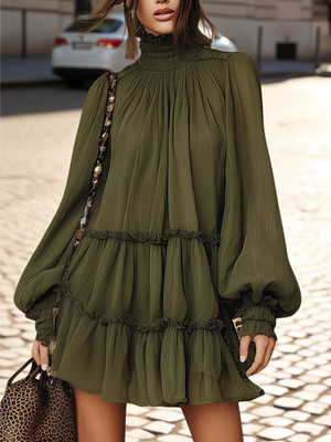 NEW! Romantic Olive Green Fancy Ruffled Tier Flowy Dress-Size LARGE=LG