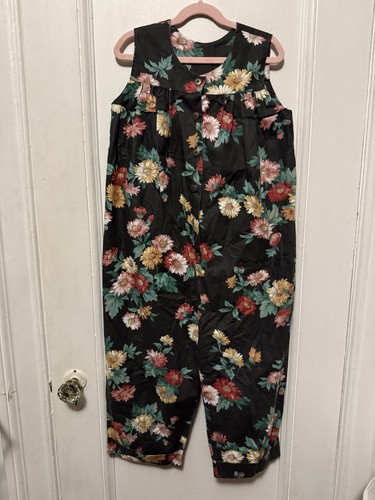 Vintage Handmade Black Floral Romper Jumpsuit CottageCore 80s - Picture 2 of 12