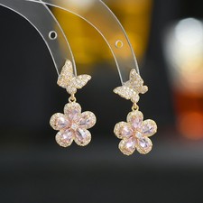 Gold Tone Pink CZ Flower Butterfly Drop Earrings Romantic Sweet Jewelry