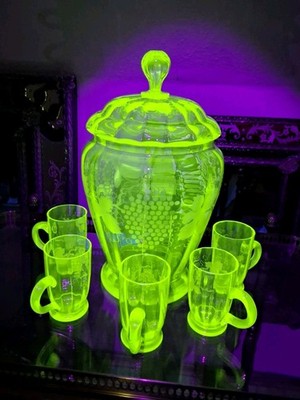 Antique Uranium Vaseline Glass Beverage Urn w/ 5 Mugs   Etched Grape   UV Glow