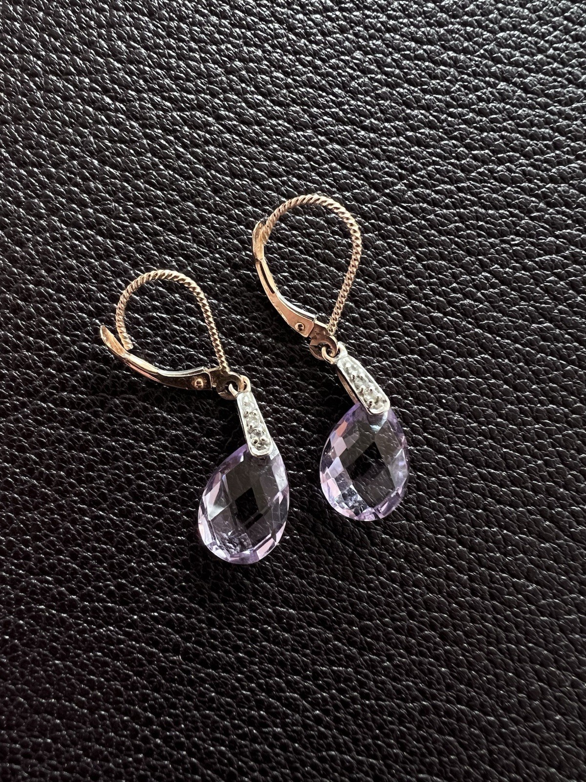 14K Solid Rose Gold Leverback Dangle Earrings Tea… - image 1