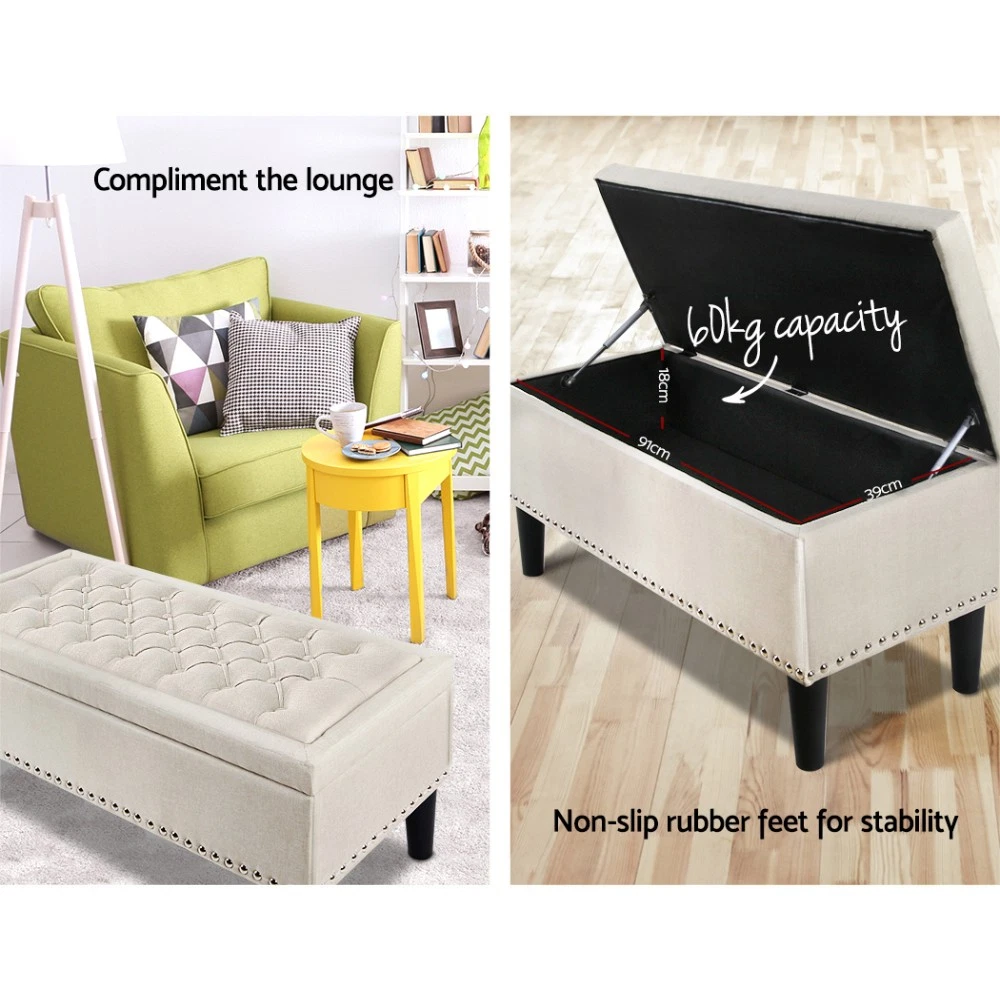 Artiss Storage Ottoman Blanket Box Bench 96cm Faux Linen Chest Foot Stool Taupe