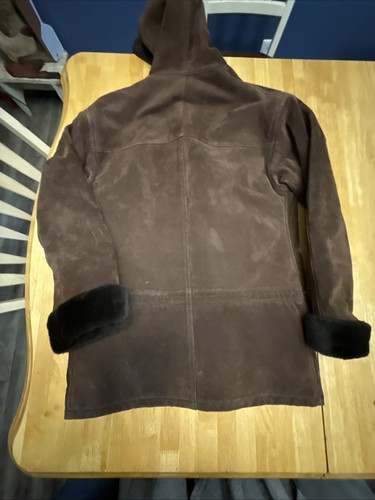 Moda International Coat Women Brown Suede Leather Faux Fur Hood Jacket Sz S B109 - Picture 10 of 10