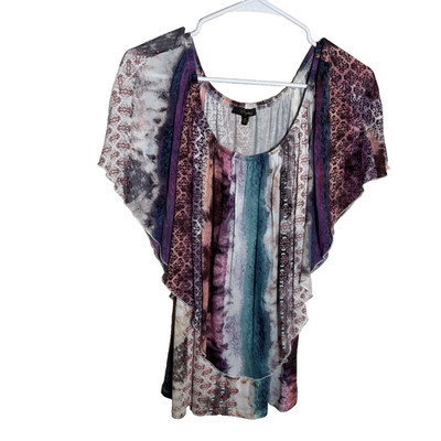 Cupio Blouse Women's Medium Round Neck Flutter Layered Y2k Printed Boho Artsy