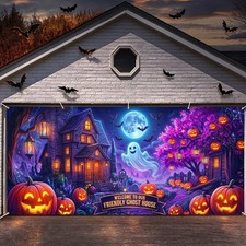 Halloween Garage Door Banner 6x13FT, Friendly Ghost Haunted House with Jack O...