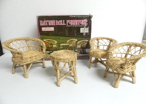 Vtg Barbie 1976 Wicker Rattan Doll Furniture 4 Pcs Loveseat Chairs Table in Box
