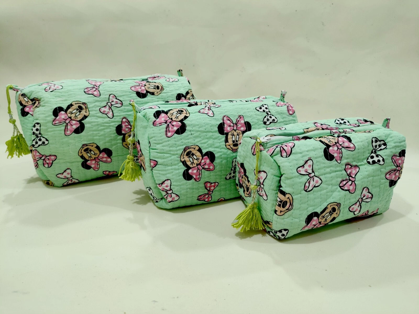 3 Pcs. Set Green Mickey Mouse Printed Toiletry Bag Unisex Makeup Bags Waterproof