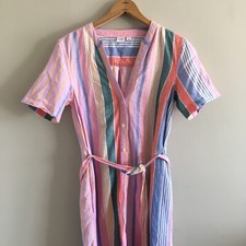 GAP Womens Pastel Striped Midi V Neck Shirt Dress Belt Button Short Sleeve Sz 00