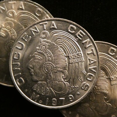 1979 Mexico 50 Centavos Cuauhtemoc Aztec Warrior Sq 9 BU 25mm KM 452 (450)