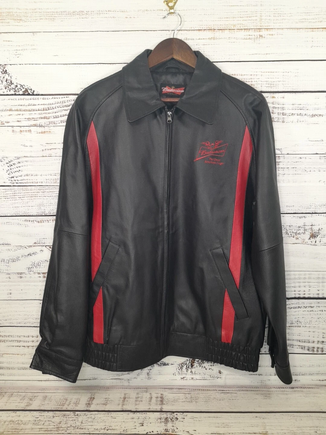 Budweiser Jacket Adult M Black Leather Bomber Full Zip Embroidered Logo NWOT
