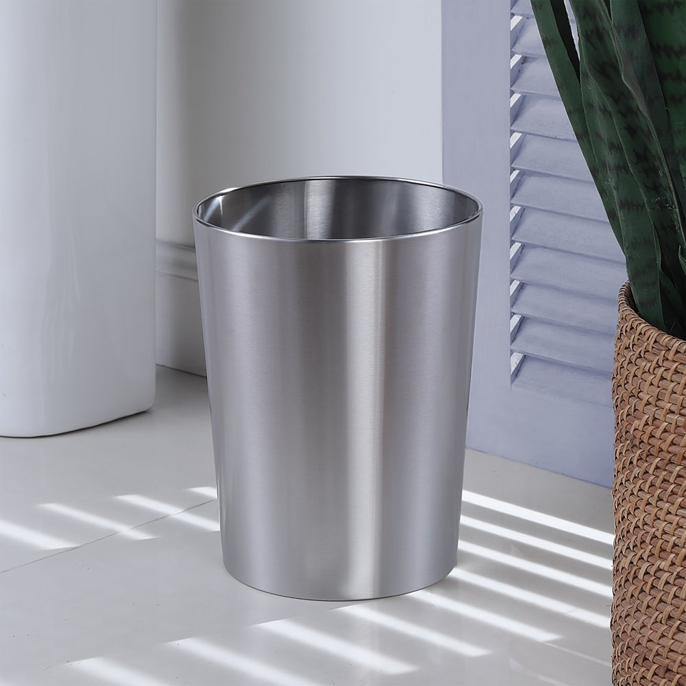 Brushed Nickel Metal Bathroom Wastebasket Simple Design Trash Can 2