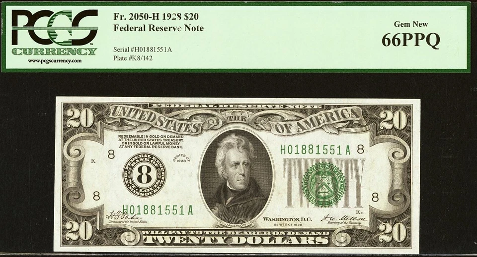 1928 $20 Federal Reserve Note PCGS Gem 66PPQ - St Louis - Fr 2050-H - Image 2 of 3