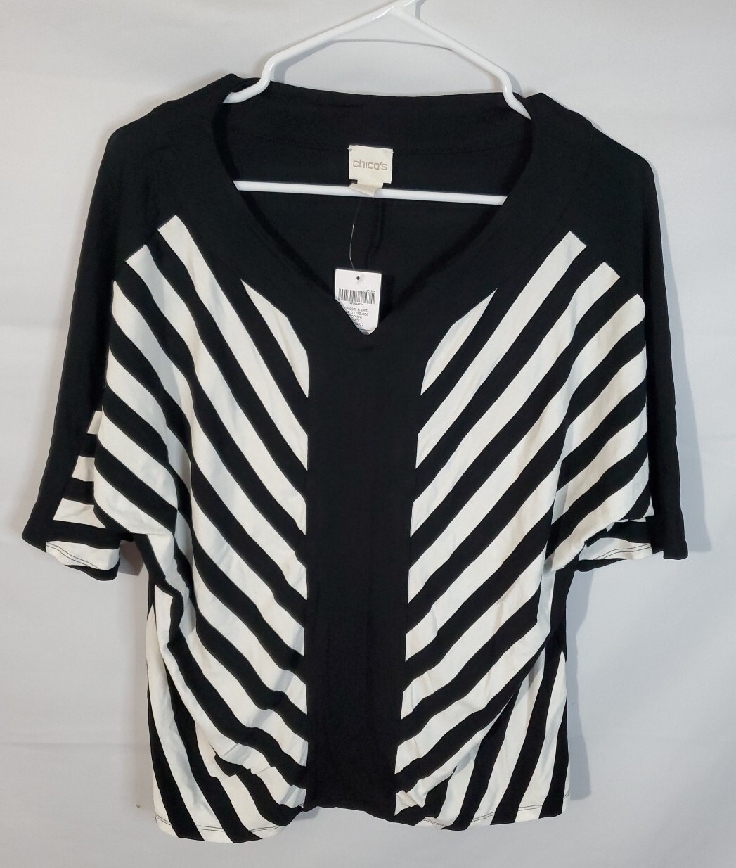 Chico's Blouse Women's Size 1/Medium Black White Stripe V-neck Short Sleeve