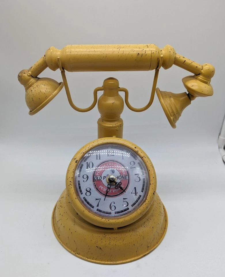 Yellow Retro Metal Mantel Clock - Old Fashioned Telephone - Vintage Shabby Chic - Image 2 of 4
