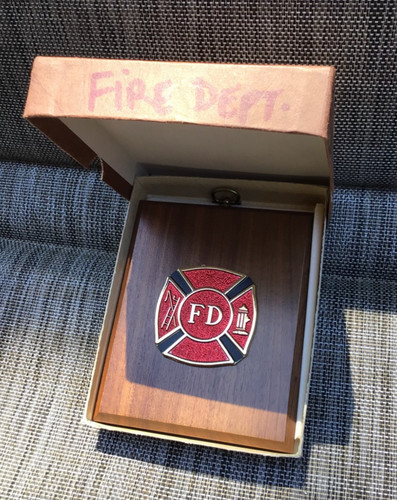 Vintage Fire Fighters Plaque w emblem in original box 5” x 4”