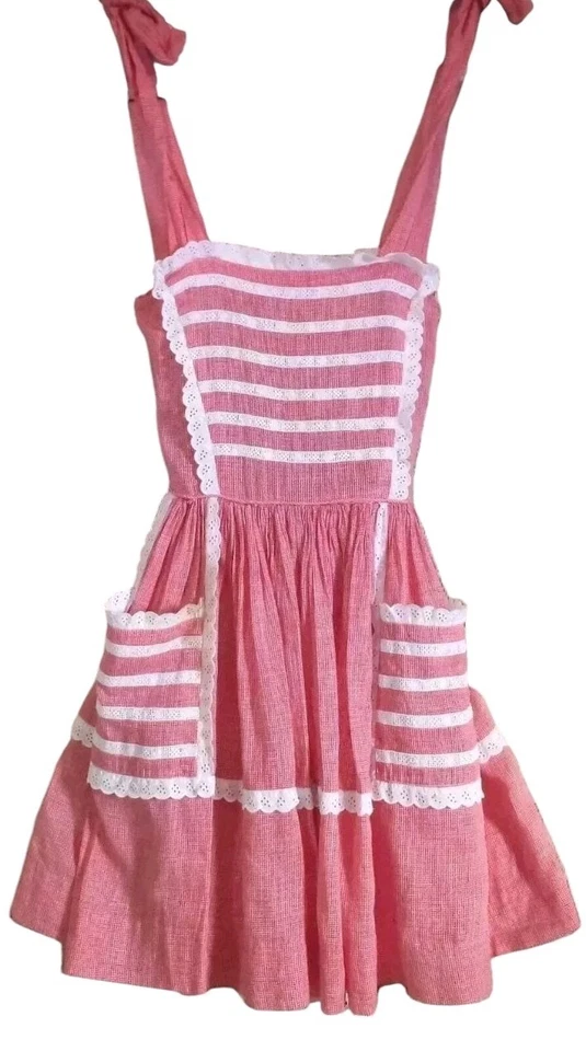 Винтажный 50-х тонкий имбирь печать хлопок сарафан перламутр на пуговицах назад 8-10 T - Изображение 2 из 4