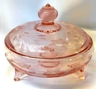Vintage Pink Depression Glass Candy Dish with Lid Footed Etched Floral Design