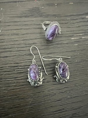 925 Sterling Silver Oval Purple Stone Ring & Dangle Earrings Jewelry Set