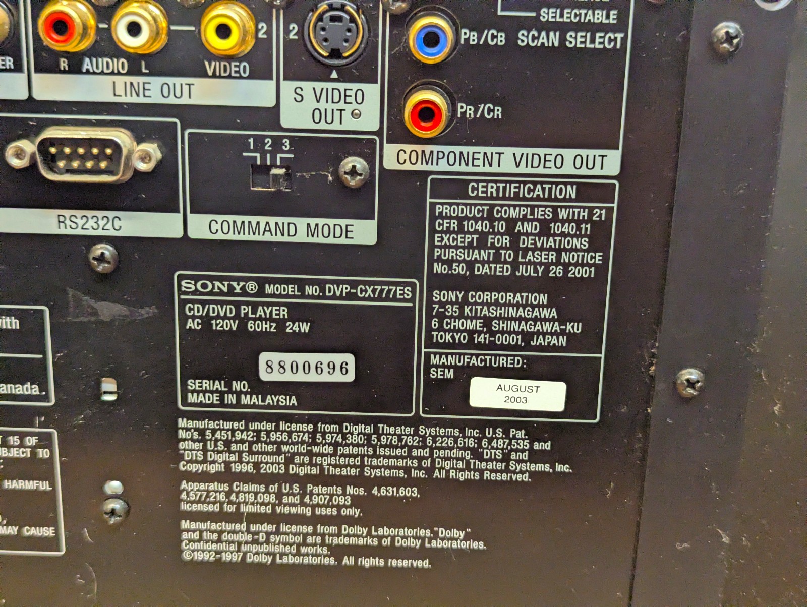 Sony DVP-CX777ES DVD SACD CD 400 changer player; tested, works; missing screws