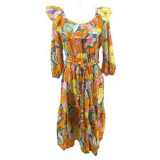 Colorful Floral Cotton Midi Dress Ruffle Braided Belt Boho Cottagecore J.Crew L