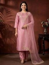 Indian Pakistani Silk Blend Kurta Pant Dupatta Set Women's Ethnic Salwar Kameez