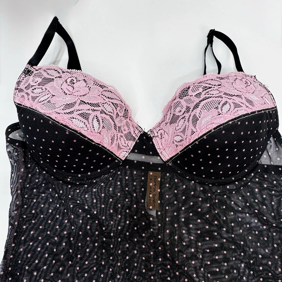 Sujetador de Colección Y2K Rosa/Negro Malla de Lunares Bustier Borde de Encaje Incorporado con Aros Nuevo Foto 2 de 4