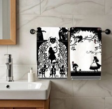 New SET OF 2 ALICE IN WONDERLAND Towels CARDS Bathroom Kitchen CHESHIRE CAT
