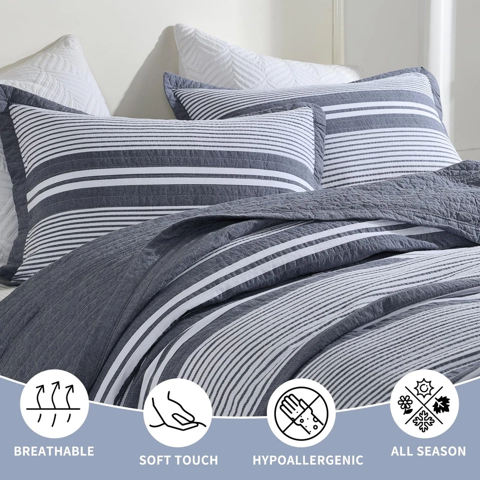 100% Cotton Bedspread California King Size - 120"x120" Blue Quilt Set with St... - Image 3 of 4