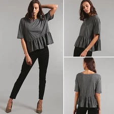 NWT GAP Short Sleeve Ruffle Hem Tee MEDIUM Grey Crewneck Cotton Soft Jersey Knit