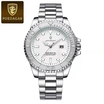 POEDAGAR Herrenuhr Quarz Edelstahl Armbanduhr Analog Datum Silber Neu & Ungetrag