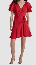 DKNY Women's Red Flutter-Sleeve Stretch Faux-Wrap Dress Size 4