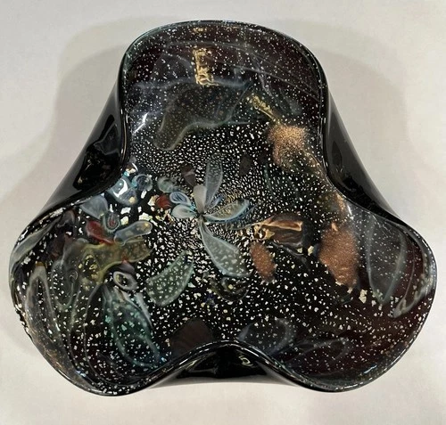 Vintage Murano Art Glass Bowl Dark Purple Almost Black 8 1/2 inches