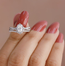 1.00 Ct Oval and Round Diamond Halo Bridal Wedding Engagement Ring Set Lab Grown