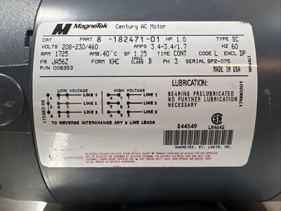 Magnetek Part No 8-182471-01 AC Motor. 1 HP 208/230/460 V