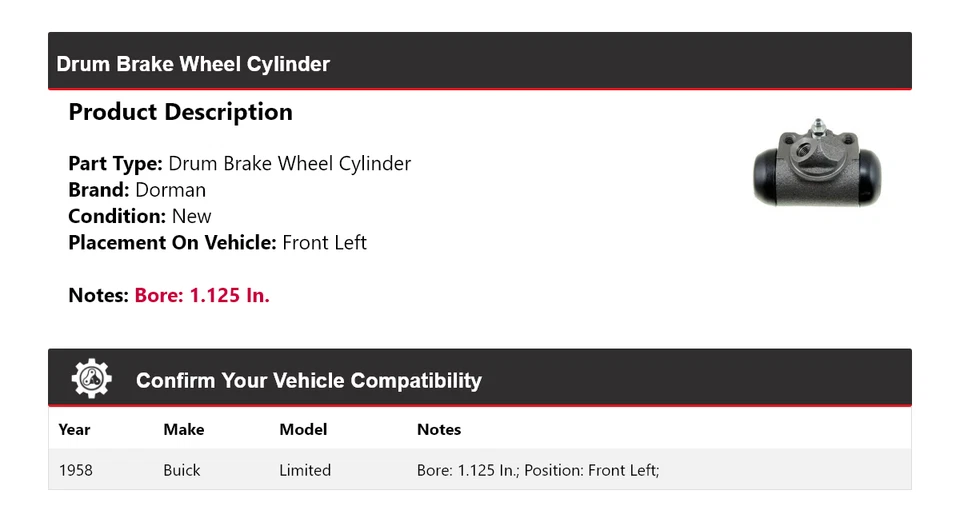 Cilindro de rueda de freno de tambor delantero izquierdo Buick Limited Dorman 1958 Foto 2 de 3