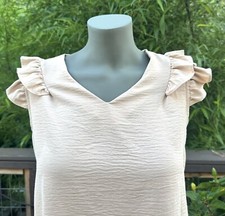 Women  s Ruffle Sleeve Blouse Short Sleeve Size Small Beige
