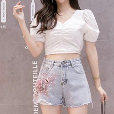 Femme Short Jeans Perlé Dentelle 3D Fleurs Brodé Chaud Pantalon Franges Sexy