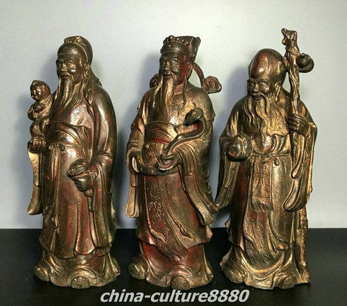 12" Old China Pure Bronze Gild 3 Longevity God Fu Lu Shou Life Buddha Statue Set - Picture 3 of 9